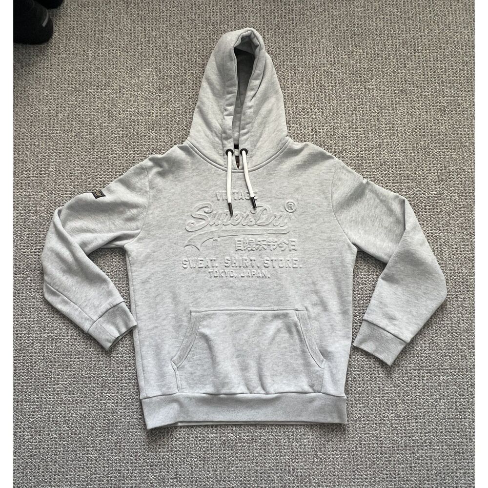 Superdry Vintage Logo Embossed Hoodie Grey Marl Pullover Men's XL